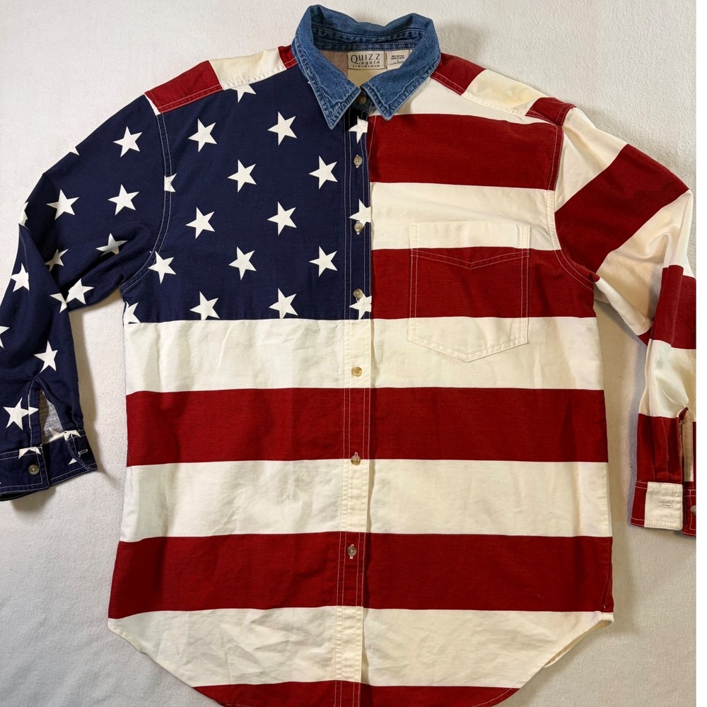 Quizz Again American Flag Shirt Mens Large Vintage Stars Stripes Denim Western L
